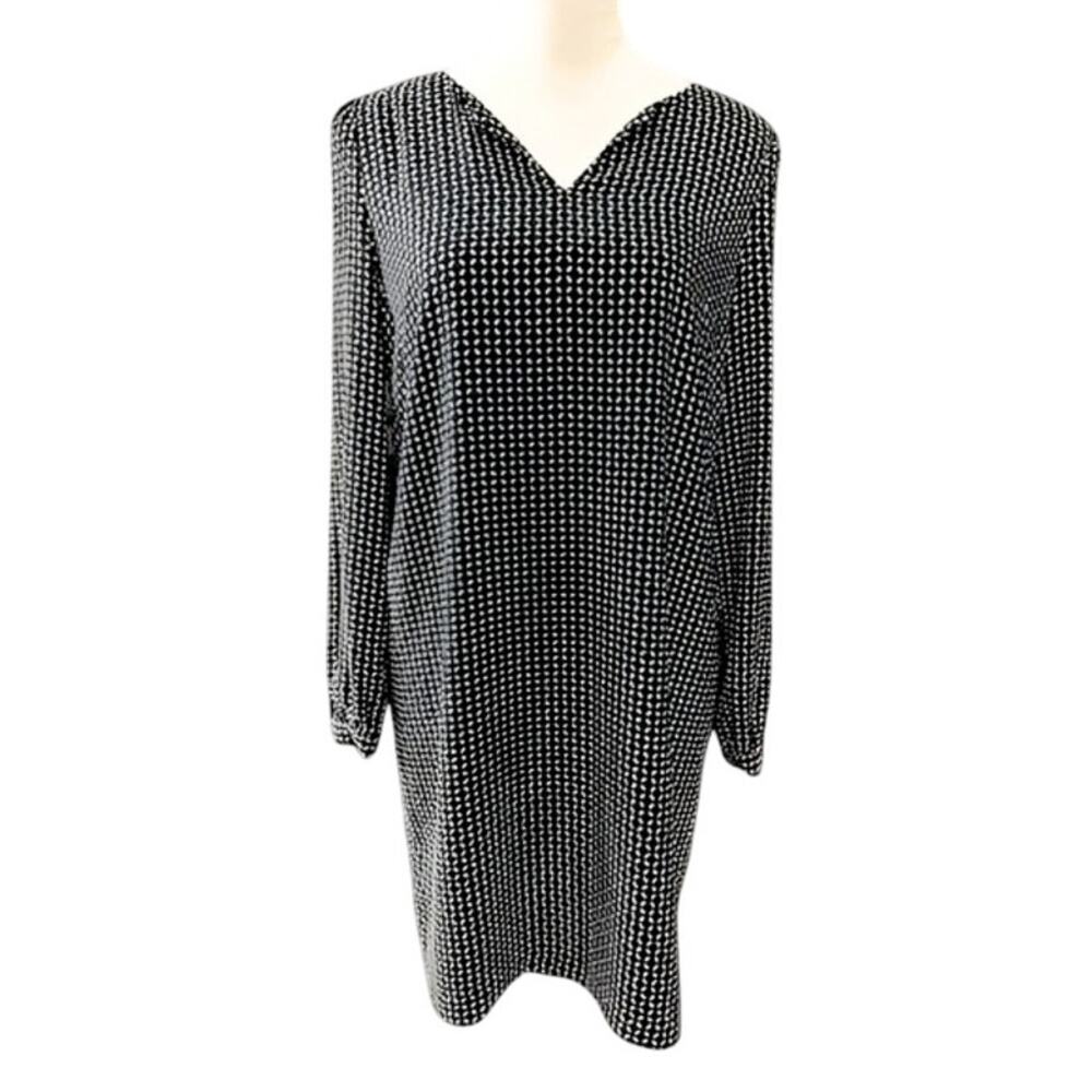 Lila Rose Shift Dress Geometric Print V-Neck Long Sleeve Black White Women's 6